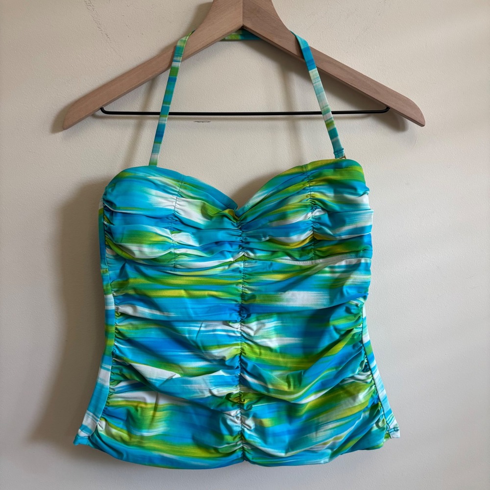 2Bamboo Blue Green Abstract Stripe Ruched Halter Tankini Swim Top Size M 34B/C